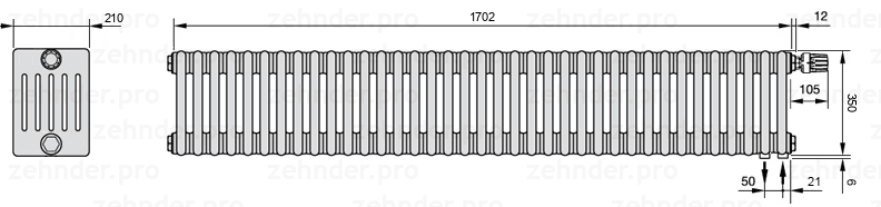 Схема (чертеж) Радиатор Zehnder Charleston 6035/37 №V002 Белый глянцевый RAL 9016